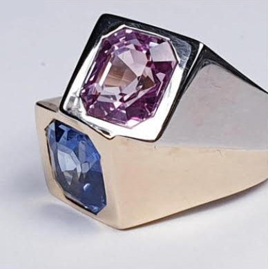 Vintage Retro Avant Garde Pink and Blue Sapphire Two Tone Asymmetrical Ring