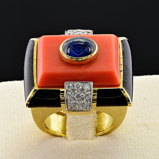 Vintage David Webb Coral Sapphire Enamel Diamond Gold Cocktail Ring