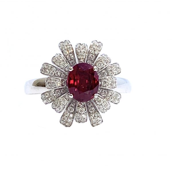 David Jerome 1.28cts Burma No Heat Ruby and Diamond Flower Dress Ring