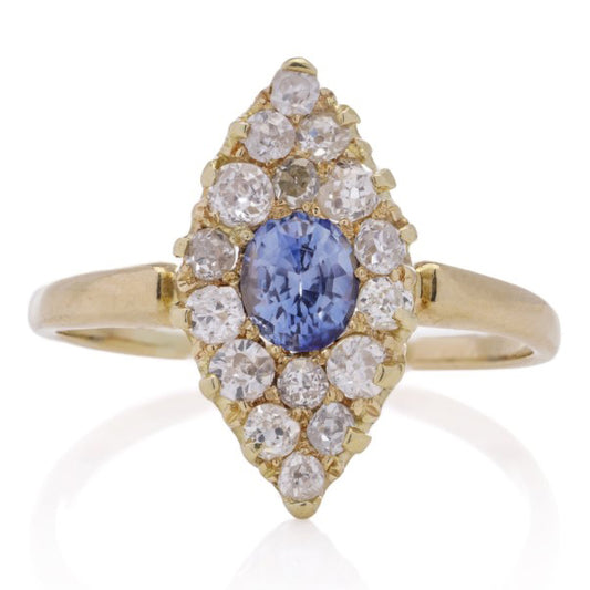 Edwardian Antique Sapphire and Old European Cut Diamond Marquise Cluster Ring