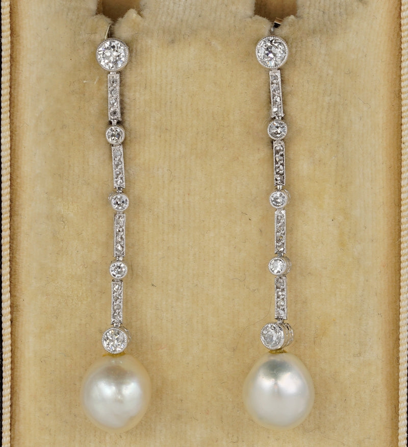 Antique Edwardian Certified Natural Pearl and Diamond Drop Earrings