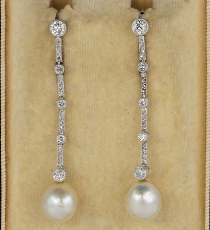 Antique Edwardian Certified Natural Pearl and Diamond Drop Earrings