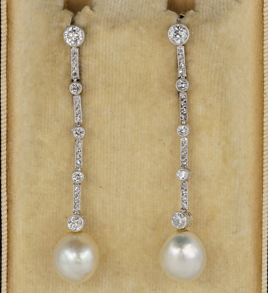 Antique Edwardian Certified Natural Pearl and Diamond Drop Earrings