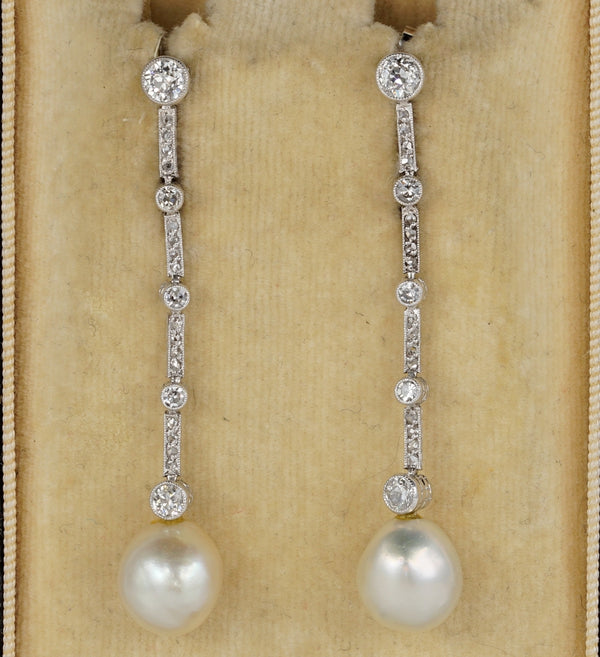 Antique Edwardian Certified Natural Pearl and Diamond Drop Earrings