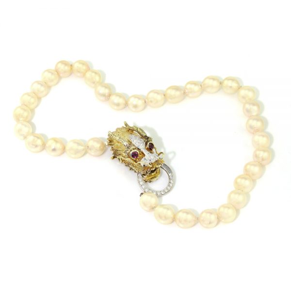 Vintage South Sea Pearl Necklace with Diamond Set Dragons Head Clasp, Circa 1970s