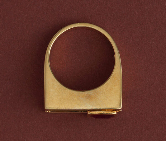 Vintage Geometric Ruby and 18ct Yellow Gold Articulated Slider Ring. France, Circa 1980-1990