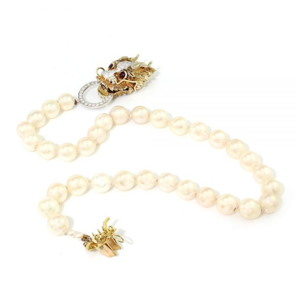 Vintage South Sea Pearl Necklace with 14ct Gold Dragon Head Clasp with Diamonds and Rubies, Circa 1970s
