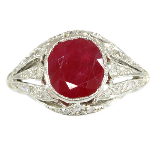 Antique Art Deco Burma Ruby and Diamond Engagement Ring, 3.19ct