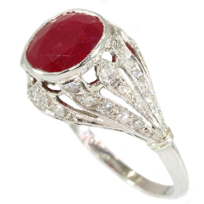 Antique Art Deco Burma Ruby and Diamond Engagement Ring, 3.19ct