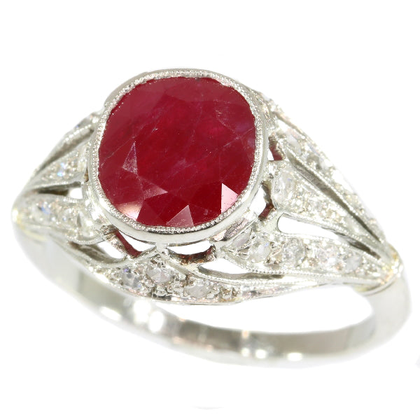 Antique Art Deco Burma Ruby and Diamond Engagement Ring, 3.19ct