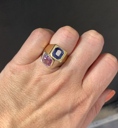 Vintage Toi et Moi Pink and Blue Sapphire Two Tone Ring