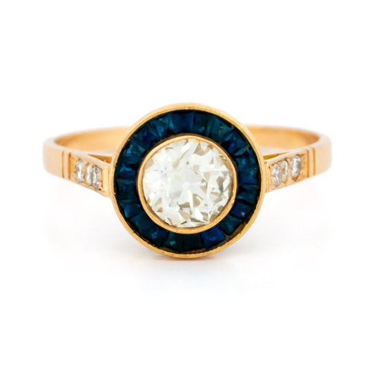 Vintage Old Cut Diamond And Sapphire Target Ring In 18 Carat Yellow Gold