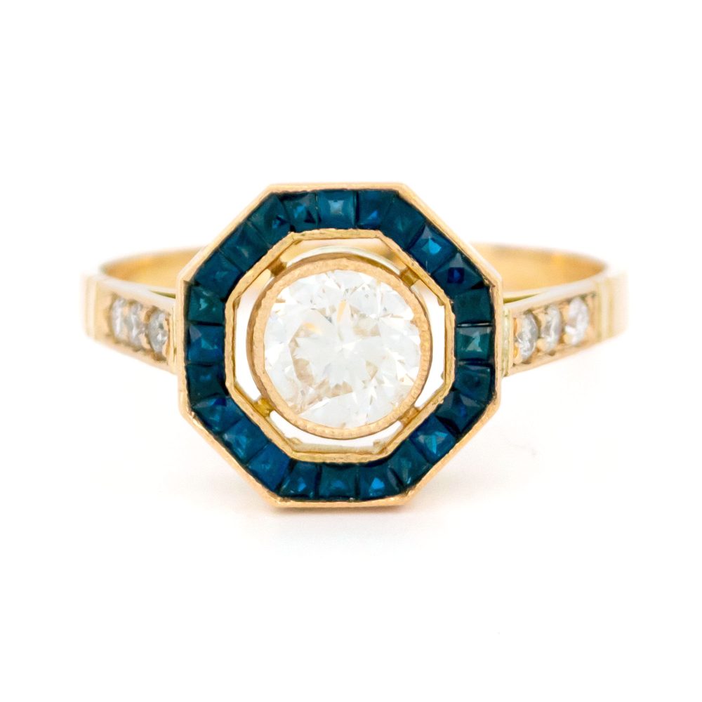 Vintage Diamond And Sapphire Octagon-Shape Ring In 18 Carat Yellow Gold