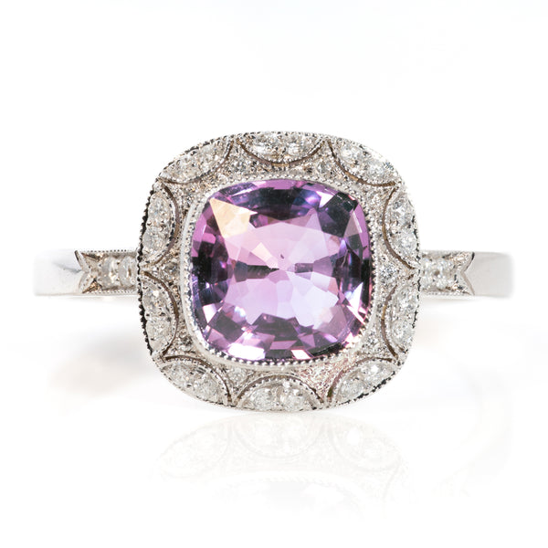 Edwardian Style Pink Sapphire and Diamond Cluster Engagement Ring