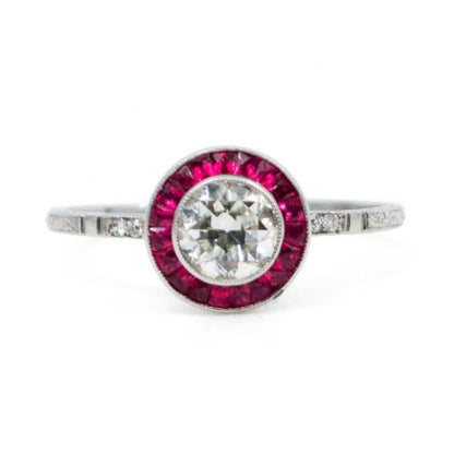 Vintage Old European Cut Diamond and French Cut Ruby Halo Ring