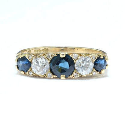 Antique Victorian Sapphire and Diamond Five Stone Ring, set with 0.80cts blue sapphires and 0.50cts old-cut diamonds, in 18ct yellow gold, Circa 1880s