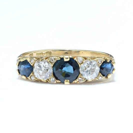 Antique Victorian Sapphire and Diamond Five Stone Ring, set with 0.80cts blue sapphires and 0.50cts old-cut diamonds, in 18ct yellow gold, Circa 1880s