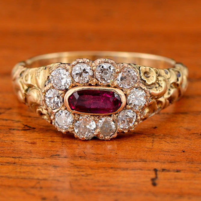 Antique Regency Natural No Heat Ruby and Old Mine Cut Diamond Cluster Memorial Ring