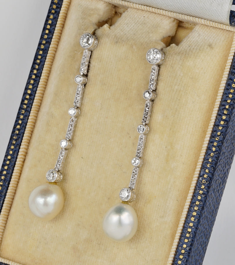 Antique Edwardian Certified Natural Pearl and Diamond Drop Earrings