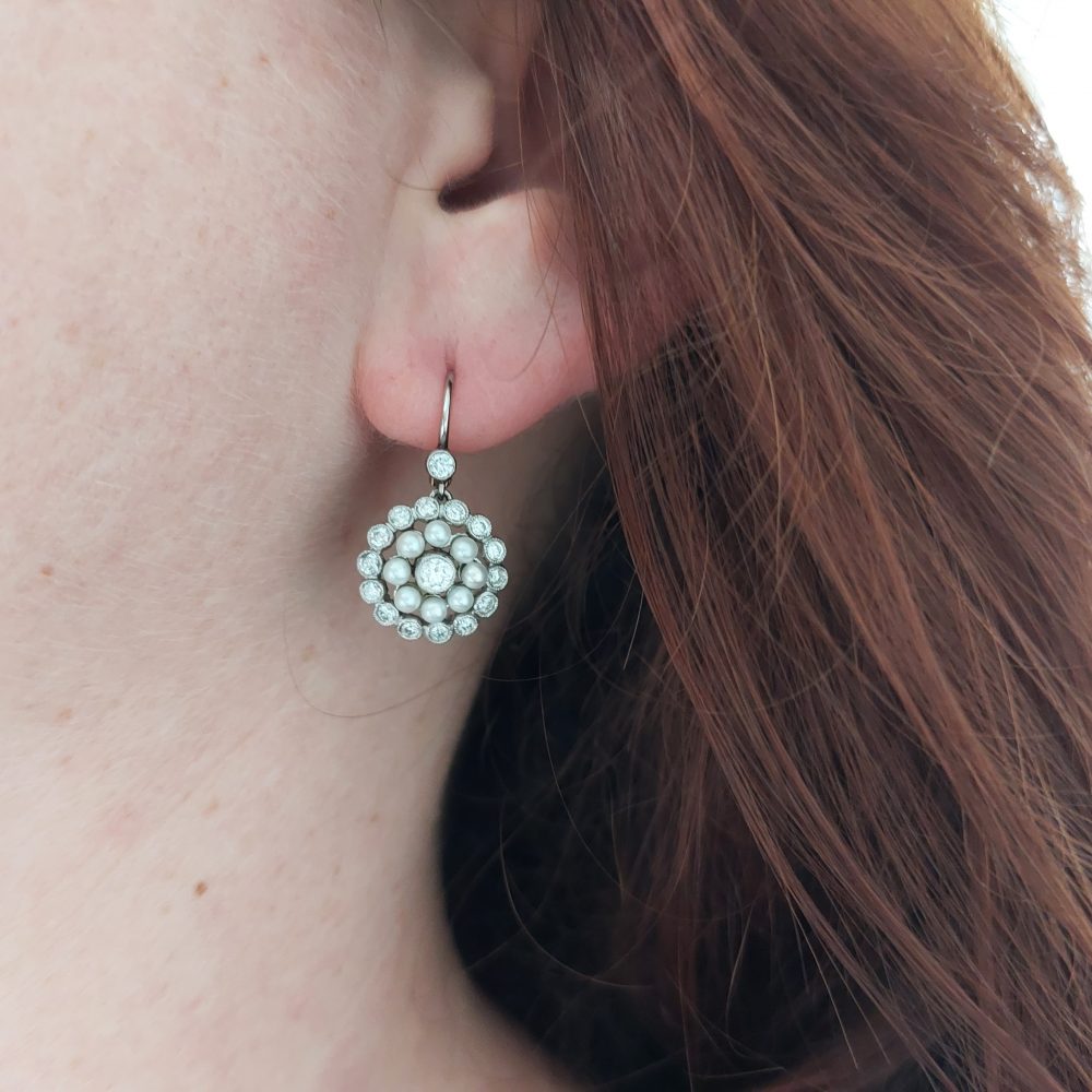 Diamond and Pearl Cluster Drop Earrings 18ct gold