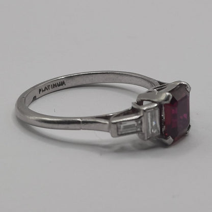 Art Deco Ruby and Baguette Diamond Five Stone Ring