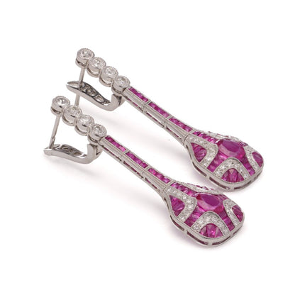 Art Deco Inspired 1.61ct Ruby and 1.50ct Diamond Drop Earrings in Platinum
