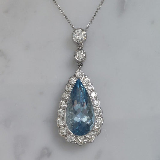 8ct Pear Cut Aquamarine and Diamond Cluster Pendant