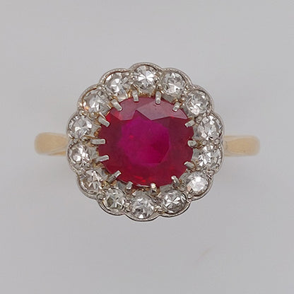 Antique Natural No Heat Burma Ruby and Diamond Cluster Ring