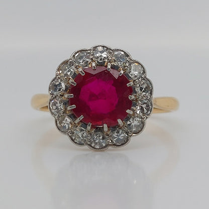 Antique Natural No Heat Burma Ruby and Diamond Cluster Ring