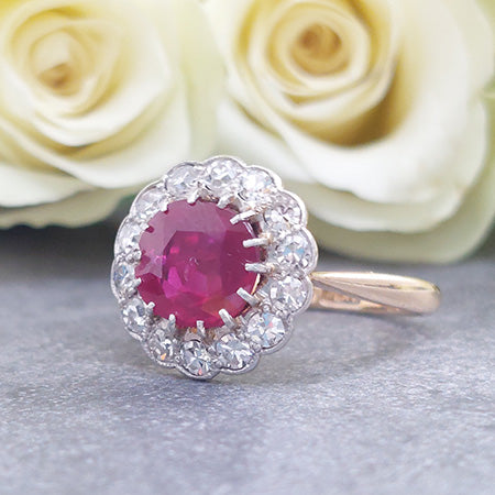 Antique Natural No Heat Burma Ruby and Diamond Cluster Ring