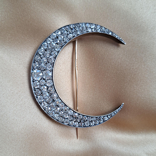 Victorian Antique 6ct Old Mine Cut Diamond Crescent Brooch