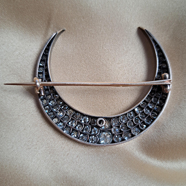 Victorian Antique 6ct Old Mine Cut Diamond Crescent Brooch