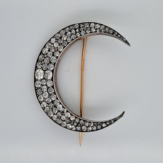 Victorian Antique 6ct Old Mine Cut Diamond Crescent Brooch