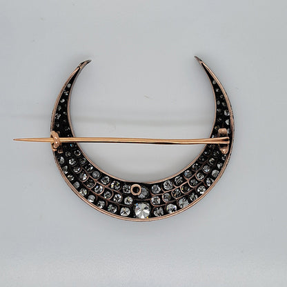 Antique Victorian 6ct Old Mine Cut Diamond Crescent Brooch