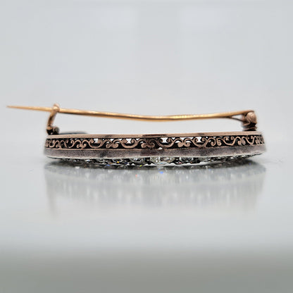 Antique Victorian 6ct Old Mine Cut Diamond Crescent Brooch with decorative scrolled under gallery