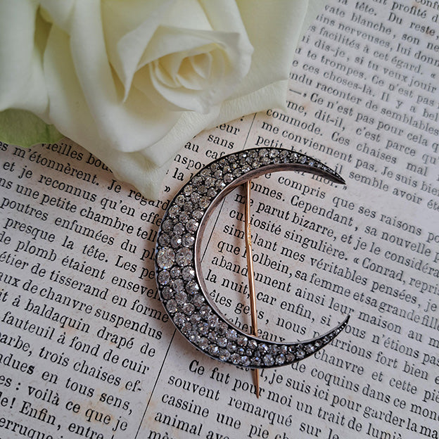 Antique Victorian Old Mine Cut Diamond Crescent Brooch 6 carat total