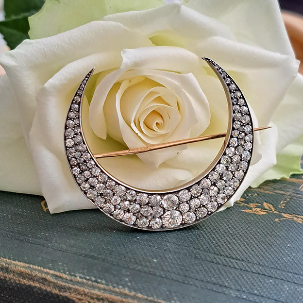 Victorian Antique 6ct Old Mine Cut Diamond Crescent Brooch