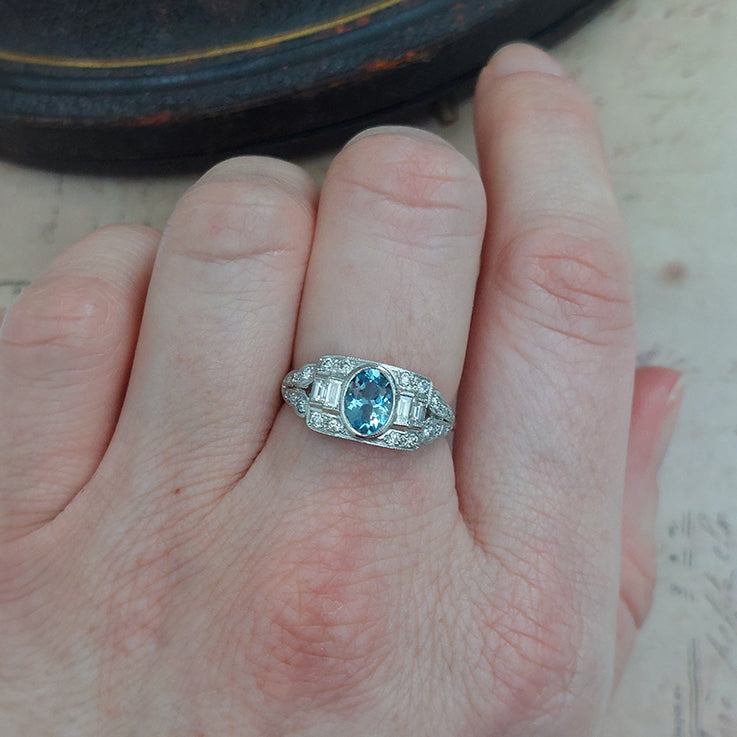 Aquamarine and Diamond Cluster Dress Ring in Platinum