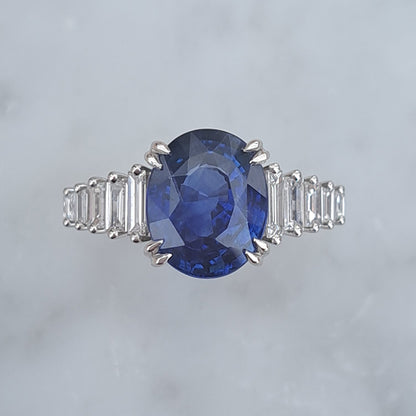 5.56ct Oval Sri Lanka Sapphire Solitaire Engagement Ring with Baguette Diamond Shoulders