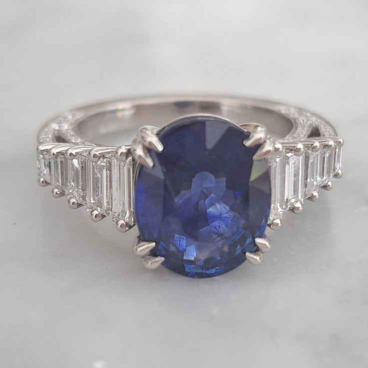5.56ct Oval Sri Lanka Sapphire Solitaire Engagement Ring with Baguette Diamond Shoulders