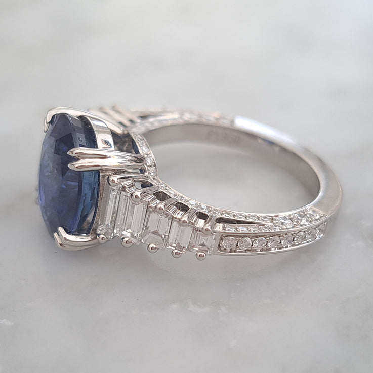 5.56ct Oval Sri Lanka Sapphire Solitaire Engagement Ring with Baguette Diamond Shoulders