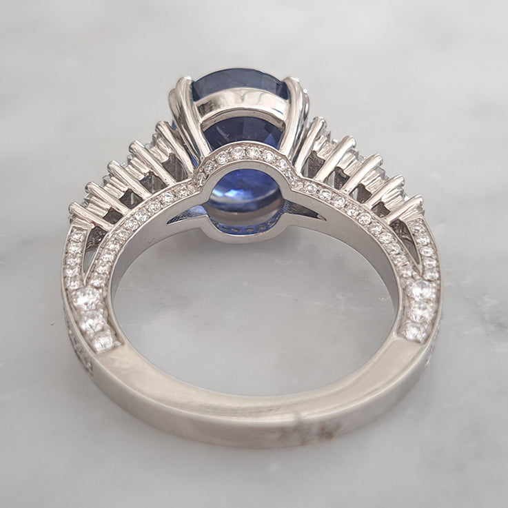 5.56ct Oval Sri Lanka Sapphire Solitaire Engagement Ring with Baguette Diamond Shoulders