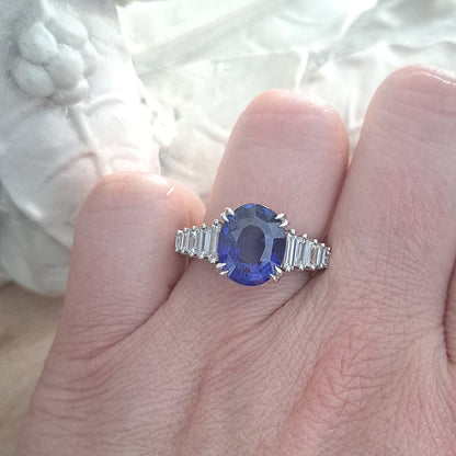 5.56ct Oval Sri Lanka Sapphire Solitaire Engagement Ring with Baguette Diamond Shoulders