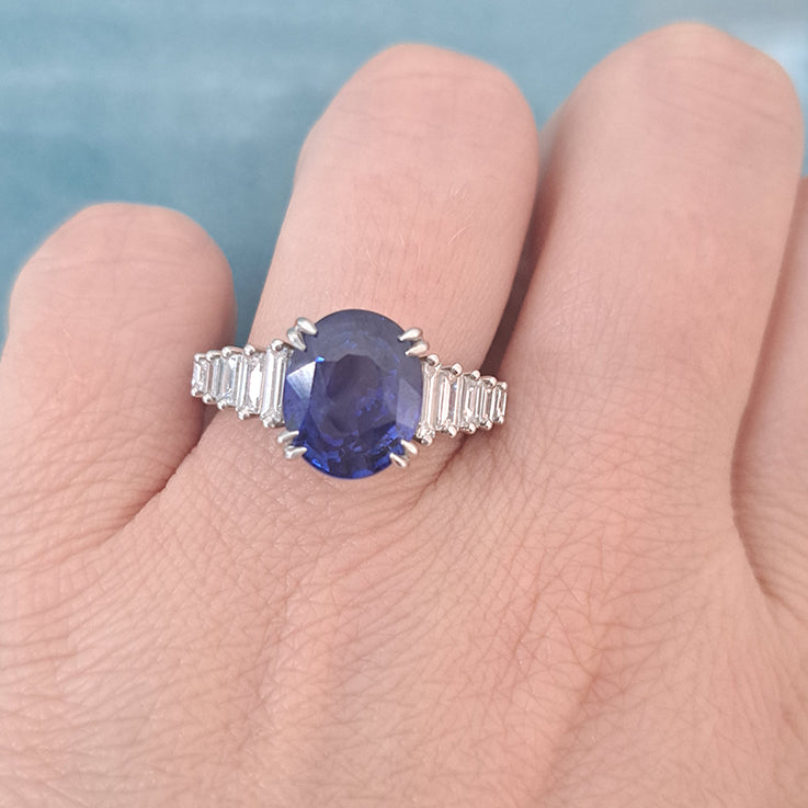 5.56ct Oval Sri Lanka Sapphire Solitaire Engagement Ring with Baguette Diamond Shoulders