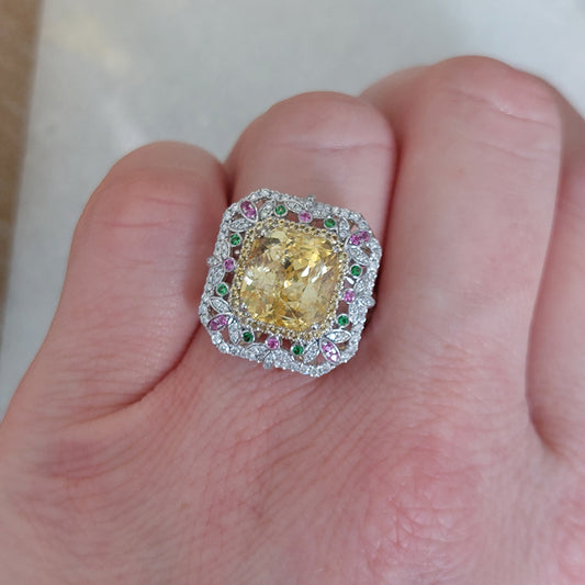 8.15ct Octagonal Step Cut No Heat Yellow Sapphire and Diamond Cluster Dress Ring with Emeralds and Pink Sapphires