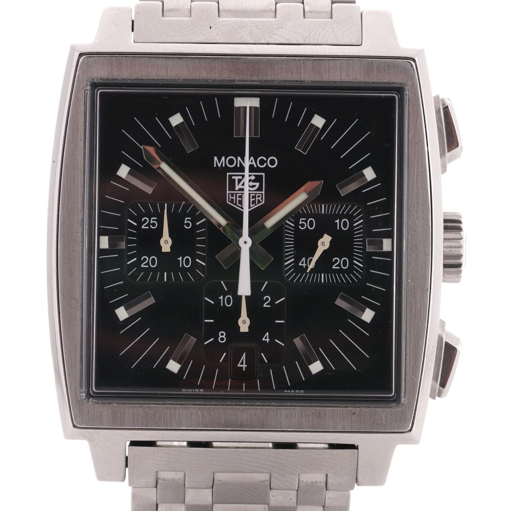 Tag Heuer Monaco Stainless Steel CW2111-0 Automatic Watch, 38 mm case black chronograph dial, Circa 2011