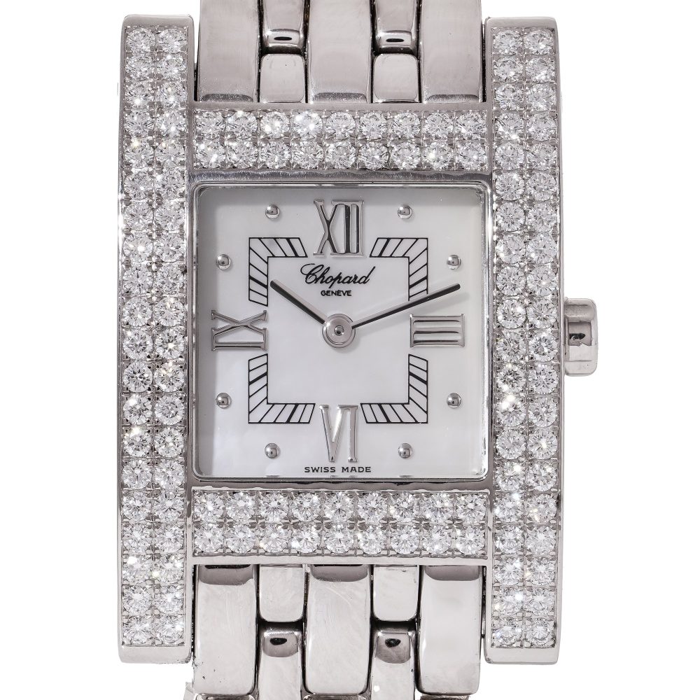 Chopard H 18ct White Gold Watch with 3.48ct Diamond Bezel, Box and Papers
