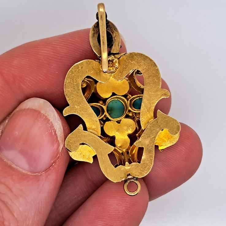 Antique Cabochon Turquoise and 15ct Gold Convertible Pendant Brooch with detachable elements providing a one-of-a-kind versatile piece of jewellery