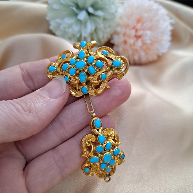 Antique Cabochon Turquoise and 15ct Gold Convertible Pendant Brooch with detachable elements providing a one-of-a-kind versatile piece of jewellery