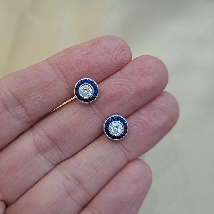 0.50ct Diamond and Calibre Sapphire Target Cluster Stud Earrings